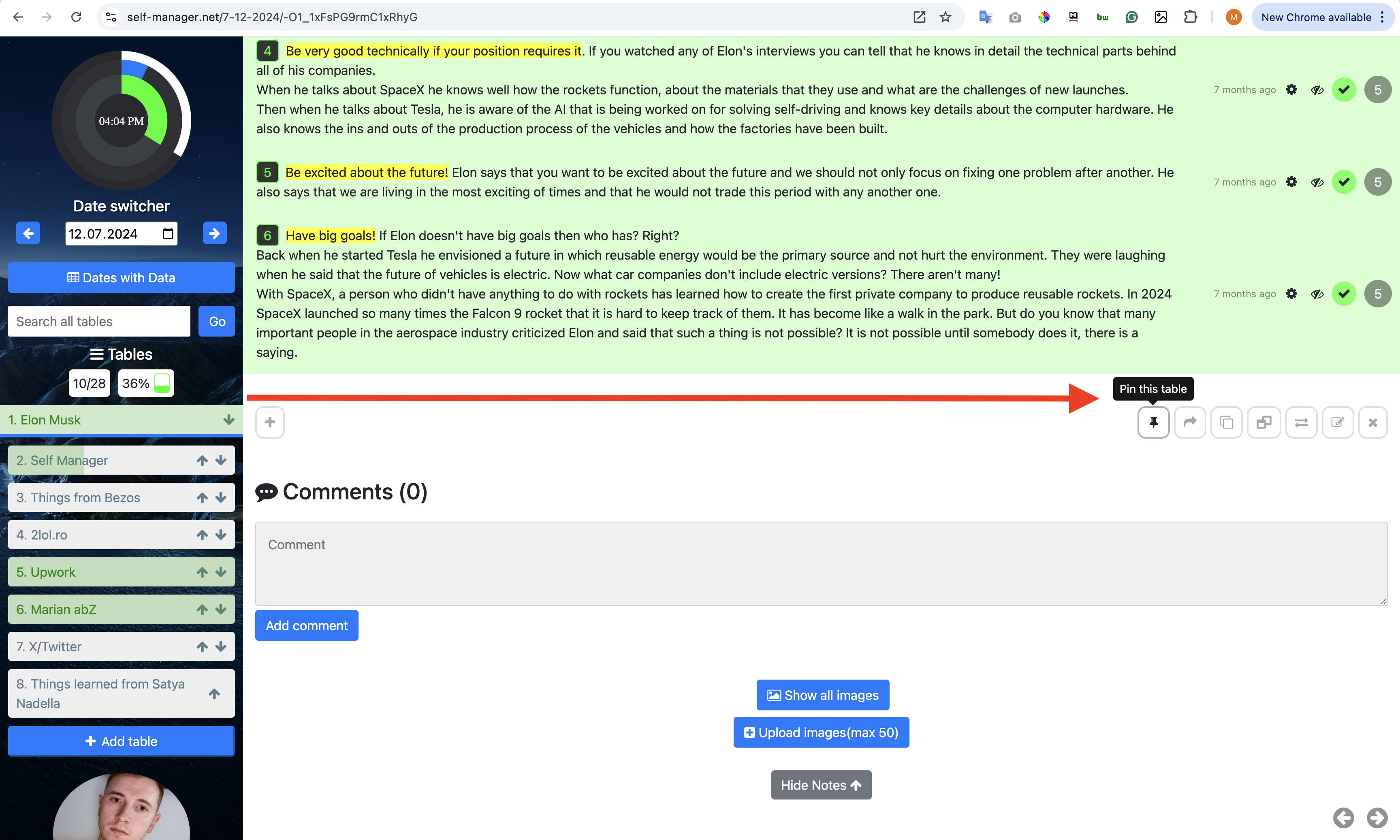 Self-Manager.net commands below each table